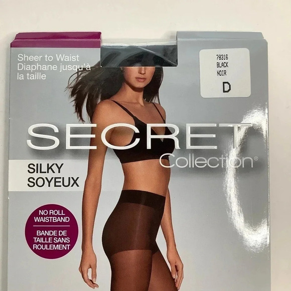 3/$25 SECRET Black No Roll Waistband Sheer Tights Size D - Picture 5 of 6